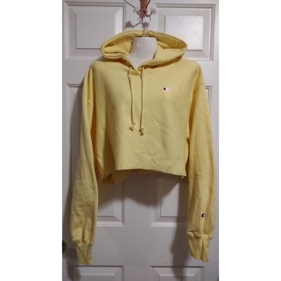 Champion Yellow Reverse Weave Oversized Cropped Hoodie Large π - Picture 2 of 8